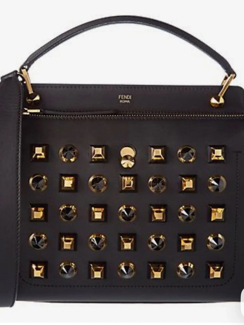 Auth Fendi Dotcom Black Leather Studded Top-Handle Bag